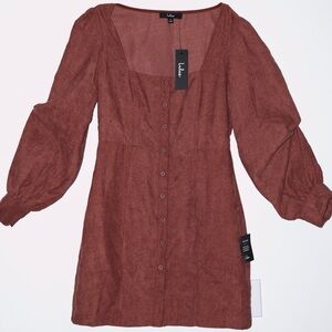 Lulu's Brown Corduroy Long Sleeve Dress with Bishop Sleeves